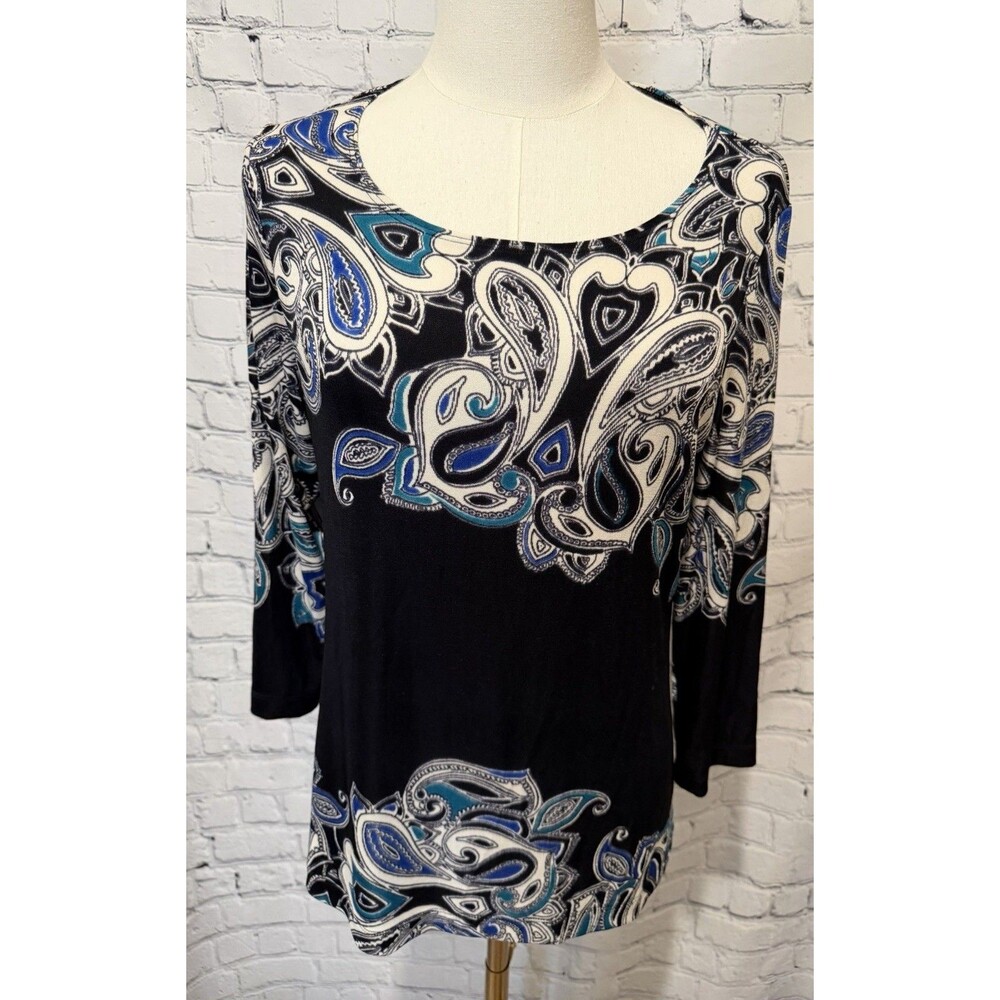 Chico's Travelers Women's Paisley Print Long Sleeve Top Black Blue Size 1 Medium
